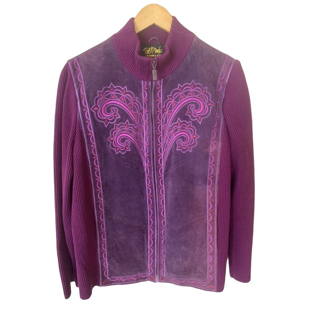 Vintage Bob Mackie Wearable Art Jacket Purple Large Embroidered Suede Knit Zip